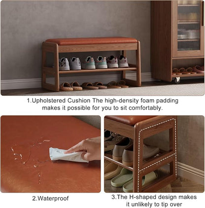 AQIMUELE Shoe Rack Bench,2 Tiers Shoe Bench with Storage with Flip-Top,Wood Shoe Rack for Entryway,Hallway（Orange Upholstered Seat,11.8" D x 31.5" W x 15.7" H）