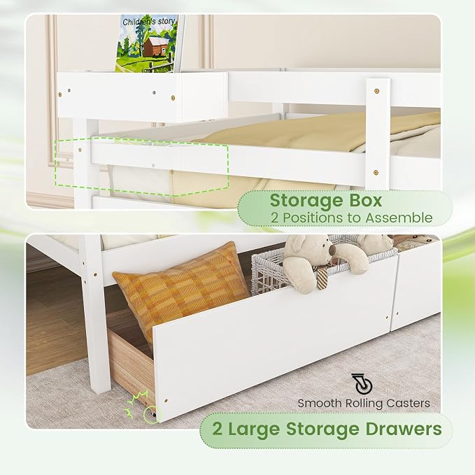 KOMFOTT Twin Over Twin Bunk Bed with 2 Roll-Out Drawers, Wood Bunk Bed Frame with Removable Storage Box, Bunk Bed with Ladder & Safety Guardrail for Dorm Apartment Home, No Box Spring Needed (White)