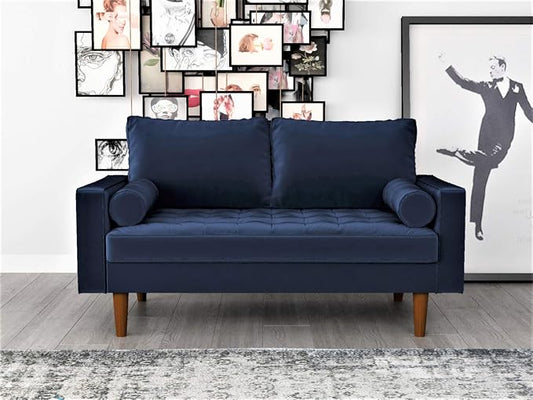 Container Furniture Direct Womble 58 Inch Velvet Loveseat Sofa with Elegant Button Tufted Upholstery, Square Arms, Splayed Wood Legs, Includes Matching Bolster Pillows, Misty Blue