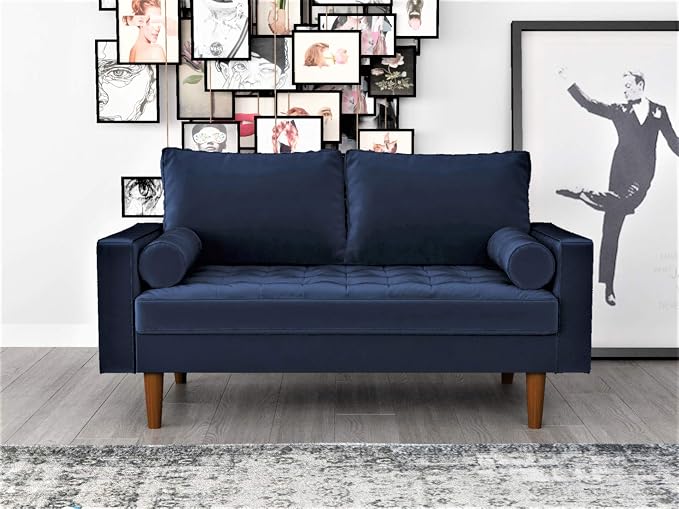 Container Furniture Direct Womble Mid Century Modern Soft Velvet Upholstered Tufted Seat with Bolster Pillows, Loveseat, Sofa, Misty Blue