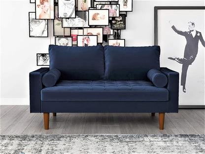 Container Furniture Direct Womble Mid Century Modern Soft Velvet Upholstered Tufted Seat with Bolster Pillows, Loveseat, Sofa, Misty Blue