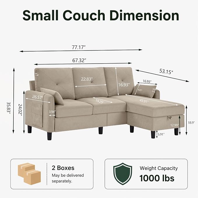 Convertible Sectional Sofa, 77" Small L Shaped 3 Seat Couch with Reversible Storage Chaise, Modern Polyester Fabric Sofa Couches for Living Room, Apartment and Small Space, Beige