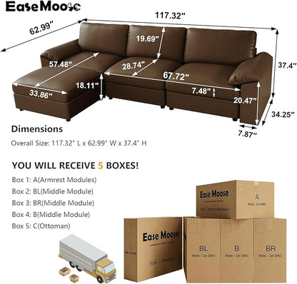 EASE MOOSE Leather Sectional Couch, Oversized Modular Sectional Sofas, Vintage Wide Deep Seat Modular Couch, Scratch Resistant Faux Leather Material, L Shaped Sofa for Big Spaces,Deep Brown