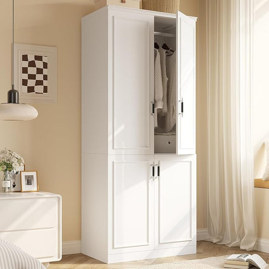 MEISSALIVVE Armoire Wardrobe Closet with 4 Door, 74.8" Large Wardrobe Cabinet with Hanging Rod, Freestanding Modern Bedroom Armoire Storage Cabinet, White