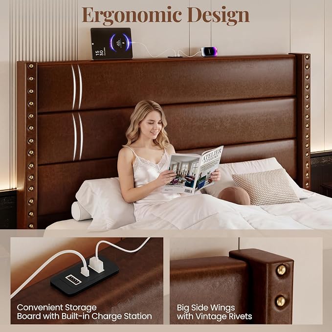 Queen Bed Frame with Storage Shelf & Charging Station, 55" Tall Headboard & 25.6" Footboard, Faux Leather Upholstered Platform Bed with Big Rivets Wingback, Heavy Duty & Noise-Free, Brown