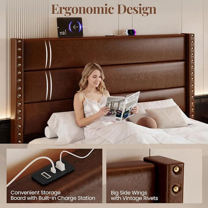 Queen Bed Frame with Storage Shelf & Charging Station, 55" Tall Headboard & 25.6" Footboard, Faux Leather Upholstered Platform Bed with Big Rivets Wingback, Heavy Duty & Noise-Free, Brown