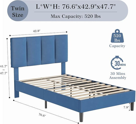 VECELO Twin Size Bed Frame with Upholstered Headboard, Heavy-Duty Bedframe with Wooden Slats & Steel Framework, Easy Assembly, Dark Blue