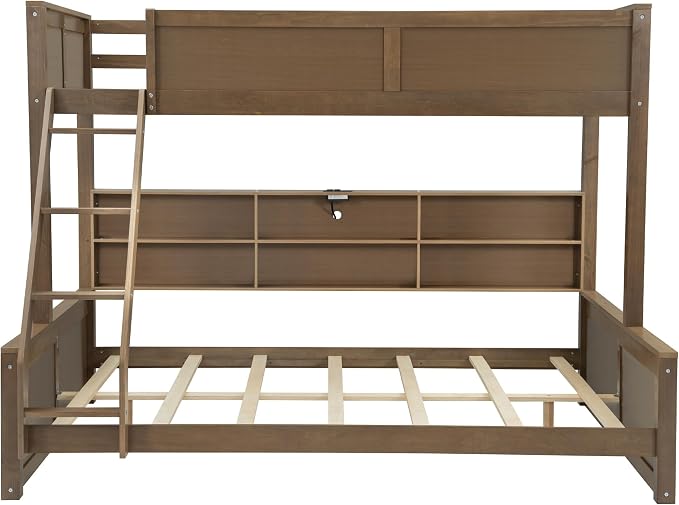 RUNNA Twin XL Over Queen Bunk Bed with Storage,USB Ports,Wood | Twin XL over queen bunk bed with storage cabinets, USB, solid pine wood, guardrails, no box spring needed,Wood