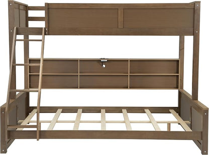 RUNNA Twin XL Over Queen Bunk Bed with Storage,USB Ports,Wood | Twin XL over queen bunk bed with storage cabinets, USB, solid pine wood, guardrails, no box spring needed,Wood
