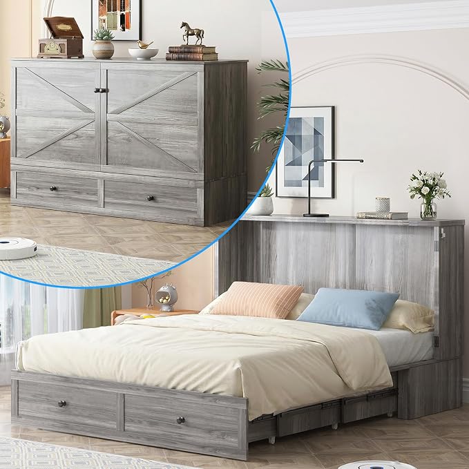 PUREMIND Queen Murphy Bed Cabinet, Multi-Functional Hideaway Cabinet Bed with Storage Drawer, USB Charging Ports and Folding Bedside Panel, Space Saving Chest Beds Wallbed for Guest Room/Small Space