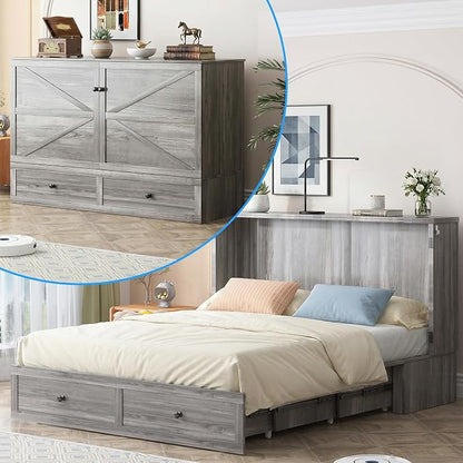 PUREMIND Queen Murphy Bed with Mattress Included, Multi-Functional Hideaway Cabinet Bed with Storage Drawer, USB Charging Port and Folding Bedside Panel, Space Saving Chest Beds Wallbed for Guest Room