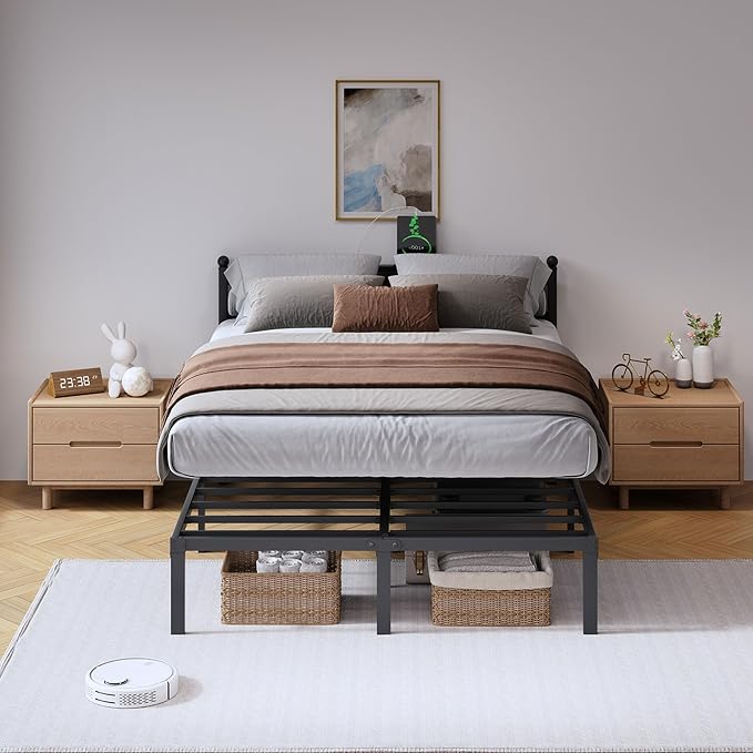 SHOANED 14 Inch Metal Bed Frame - Full Size Heavy Duty Bedframe with Charging Station & Headboard Basic Steel Slats Platform No Box Spring Needed/Easy Assembly/Noise Free