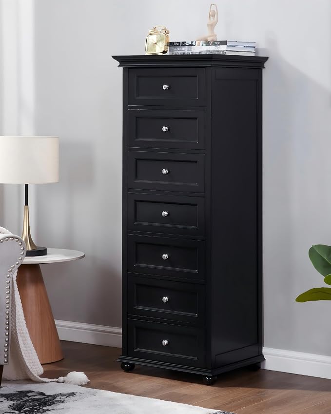 Tall Skinny Dresser for Bedroom with 7 Drawers, Black Narrow Wood Dresser | Tall Vertical Chest of Drawers Dresser for Closet Storage, Silent Glide System, Zinc Alloy Knobs, 20" W x 16.5" D x 52" H