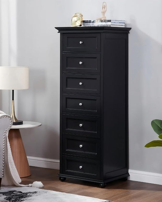 Tall Skinny Dresser for Bedroom with 7 Drawers, Black Narrow Wood Dresser | Tall Vertical Chest of Drawers Dresser for Closet Storage, Silent Glide System, Zinc Alloy Knobs, 20" W x 16.5" D x 52" H