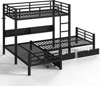 Bellemave L-Shape Triple Bunk Bed with 3 Storage Drawers and Shelves for 3,Metal Bunk Beds Twin Over Twin with Charging Station & LED Lights for Kids,Teens,Adults,Black