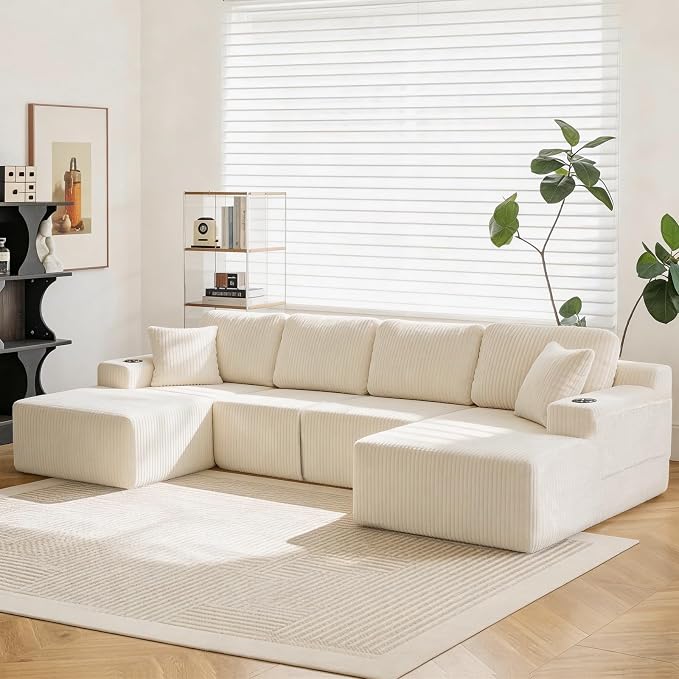 130" U-Shaped Modular Sectional Sofa with Chaise, Boneless Corduroy Flexible Module Seating for Living Room, Cloud Couch with Cup Holders and Side Pockets, No Assembly (Beige)