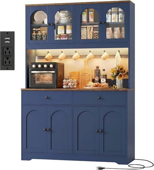 HIFIT 71" LED Kitchen Pantry Cabinet with Power Outlet, Large Kitchen Hutch Cabinet with 2 Storage Drawers & Arched Door, Countertop & Hooks, Tall China Bar for Dining Living Room (Blue)