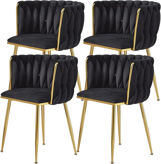 Black Velvet Dining Chairs Set of 4, Upholstered Dining Chairs with Golden Metal Legs, Modern Woven Dining Chair for Dining Room, Kitchen, Vanity, Living Room