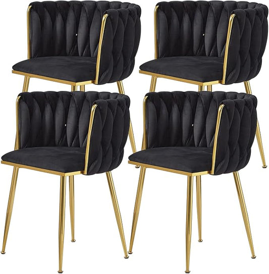 Black Velvet Dining Chairs Set of 4, Upholstered Dining Chairs with Golden Metal Legs, Modern Woven Dining Chair for Dining Room, Kitchen, Vanity, Living Room