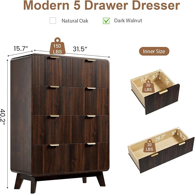 QUW Fluted 5 Drawers Dresser for Bedroom, Modern 40.2" Tall Drawer Dressers with Metal Handle, Wooden Chest of Dresser for Living Room, Hallway, Solid Wood Legs, Curved Profile Design, Dark Walnut