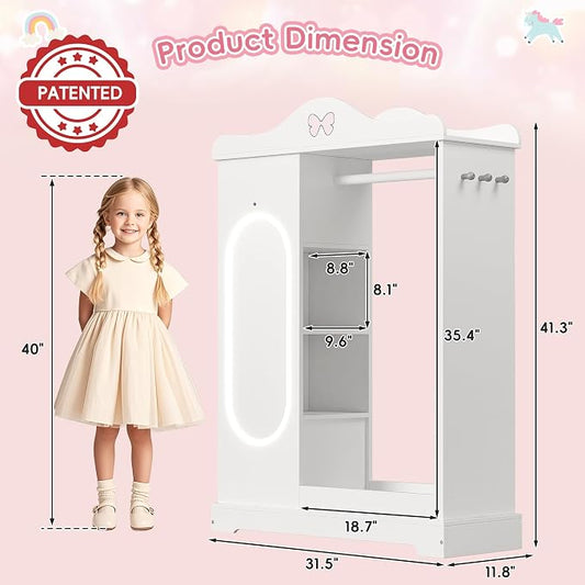Xilingol Kids Armoire Dress Up Storage with Mirror, Kids Wardrobe Closet with Jewelry Cabinet and Storage Shelves, Open Hanging Armoire Costume Organizer for Bedroom (White)