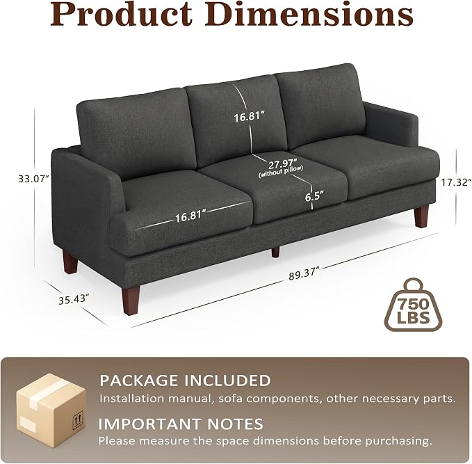 Gericco Mid Century Modern Couches for Living Room, 89" Comfy Couch Sofa with 3-Seater Deep Seats, Upholstered Sofas for Living Room, Office Apartment, Bedroom, Dark Grey