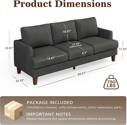 Gericco Mid Century Modern Couches for Living Room, 89" Comfy Couch Sofa with 3-Seater Deep Seats, Upholstered Sofas for Living Room, Office Apartment, Bedroom, Dark Grey