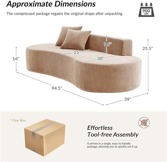 94.5" Modern Curved Sofa, 3-Seater Comfy Foam Couch with 2 Pillows, Frameless & No Assembly Required, Cloud Couch for Living Room, Pink