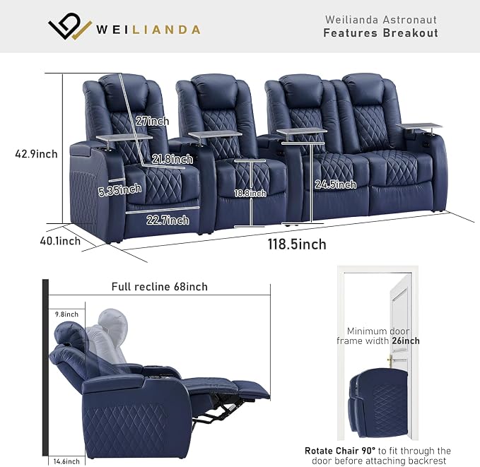 Weilianda Home Theater Seating Top Grain Leather Zero Gravity Recliner Chair Power Headrest Recline Movie Seat Gaming 7 Colors Mood Light Sofa with Tray Table USB Charge Row of 4 Loveseat Right Blue