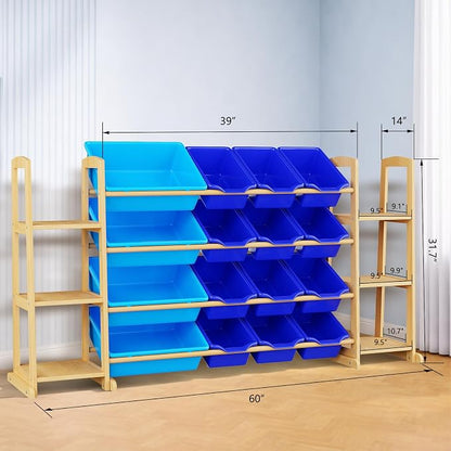 Kids Toy Storage Organizer with Bookshelf – Wooden Shelf with 16 Bins & 6 Shelves, Quick Assembly Storage Rack for Playroom, Bedroom, Nursery - Blue