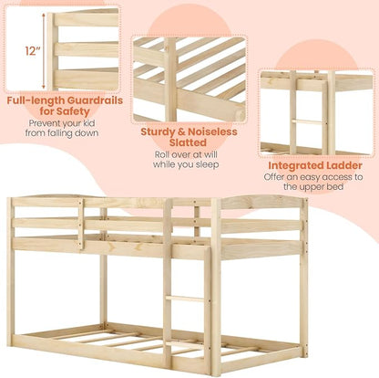 Giantex Twin Low Bunk Bed, Solid Wood Twin Over Twin Bunk Bed Frame with Full Guardrails & Integrated Ladder, Floor Twin Bunk Beds for Kids Boys and Girls, No Box Spring Needed, Natural