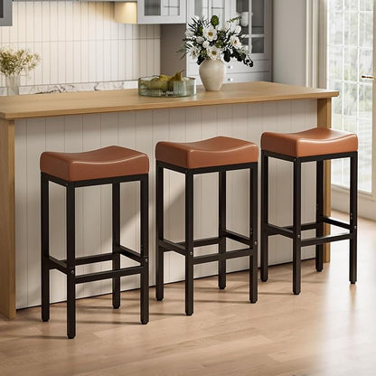 Bar Stools Set of 3-24 Inch Counter Height Chairs for Kitchen Island, Leather Seat with 400 LBS Heavy-Duty Metal Frame and Adjustable Feet, Easy to Assemble for Bar, Café or Dining Room,Brown