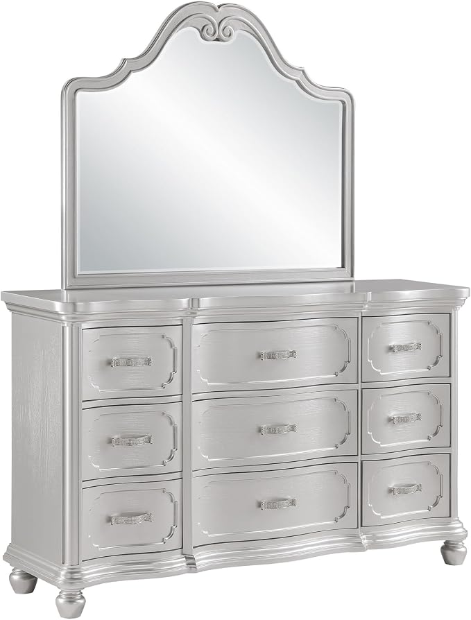 First of a Kind Roma Silver Finish Traditional 5 Piece King Bedroom Set with Upholstered Tufted Headboard Classic European Style Coordinated Furniture Collection