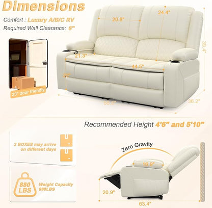 RV Loveseat Recliner Wall Hugger, Manual RV Reclining Loveseat with Removable Armrest, 3X Adjustable Theater Wall Hugger Loveseat Recliners with USB Ports, Cup Holders, Multi-Storage (PU,White)