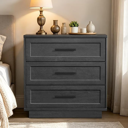 Fatmok 31.5" Wide 3 Drawer Nightstand, Oversized Wooden Bedside Table with Storage, Modern Bedroom Side Table Cabinet, Large Night Stand with Drawers,Black Grey