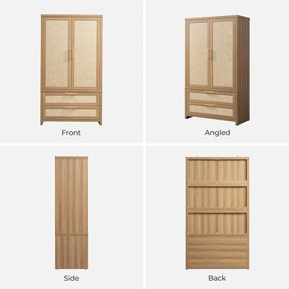 SICOTAS Larger Armoire Wardrobe Closet, 71" Tall Rattan Freestanding Wardrobe Cabinet with Storage and 2 Drawers, Boho Clothes Organizer with Hanging Rod for Bedroom, Oak (2 Pieces)