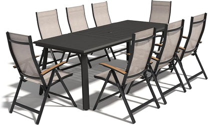 Pellebant 9 Pieces Aluminum Patio Table and Chairs Set - 83" Rectangular Table and Foldable Chair Outdoor Dining Set with Umbrella Hole, Weather Resistant Sturdy Frame for Deck, Porch & Backyard