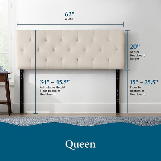 Lucid Mid-Rise Upholstered Headboard - Diamond Tufted - Padded Polyester - Adjustable Height from 34” to 46” - Easy Assembly - Bed Frame or Wall Mount - Sturdy - Pearl - Queen Size