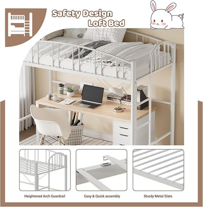 GarveeHome Loft Bed Twin Size, Heavy Duty Metal Loft Bed Frame with Arched Guardrail and Safety Ladder, Space-Saving, No Box Spring Needed, Modern White