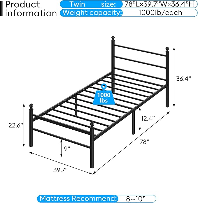 Twin Size Bed Frame with Headboard - Metal Platform Bed with LED Lights, Charging Station, Under Bed Storage and Heavy Duty Steel Slats Support - No Box Spring Needed, Easy Assembly, Black