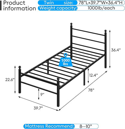 Twin Size Bed Frame with Headboard - Metal Platform Bed with LED Lights, Charging Station, Under Bed Storage and Heavy Duty Steel Slats Support - No Box Spring Needed, Easy Assembly, Black