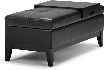 SIMPLIHOME Oregon Storage Ottoman Bench with Tray - 42 inch Wide Upholstered Vegan Leather Rectangle Ottoman Bench in Midnight Black, Transitional Tufted Ottoman for Living Room with Lift-Up Lid
