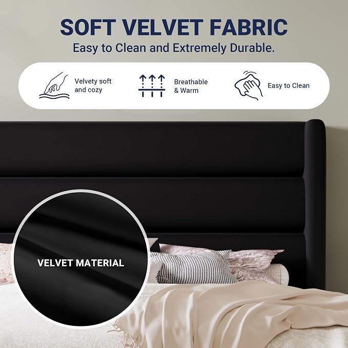 Allewie Queen Size Platform Bed Frame with Velvet Upholstered Wingback Headboard, No Box Spring Needed, Under Bed Storage Space, Strong Wooden Slats, Modern Mattress Foundation, Easy Assembly, Black