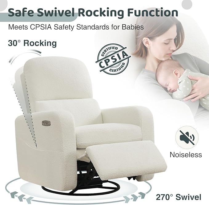 Power Swivel Rocker Recliner, Oversized Boucle Nursery Glider Recliner, Teddy Swivel Rocking Reclining Chair with Removable Cushion and Lumbar Support for Nursery Living Room Bedroom, White