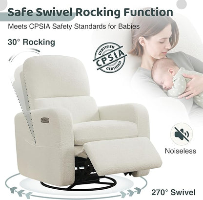 Power Swivel Rocker Recliner, Oversized Boucle Nursery Glider Recliner, Teddy Swivel Rocking Reclining Chair with Removable Cushion and Lumbar Support for Nursery Living Room Bedroom, White