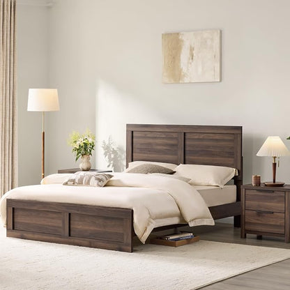 KISLOT 3 Pieces Bedroom Set, Full Size Wood Platform Bed Frame and 2 Nightstands, Storage Nightstand with Type-C Charging Port, Farmhouse Bedroom Furniture Set