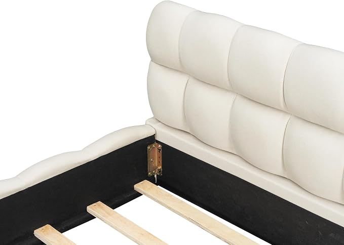 King Size Upholstered Platform Bed with Thick Fabric,Low Wood Grounded Bed W/Headboard & Footboard,Slat Support,No Box Spring Needed, Easy Assemble,Beige