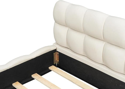 King Size Upholstered Platform Bed with Thick Fabric,Low Wood Grounded Bed W/Headboard & Footboard,Slat Support,No Box Spring Needed, Easy Assemble,Beige