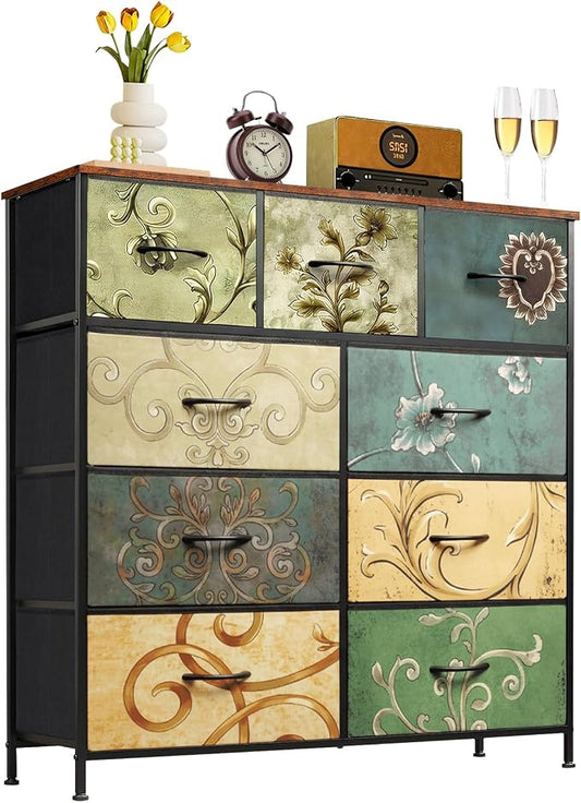 9-Drawer Dresser for Bedroom, Anti-Tip Tall Storage Organizer Chest of Drawers with Wooden Top and Metal Frame Fabric Bins for Closet, Living Room, Hallway, Entryway, Floral Painted