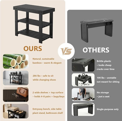 Sweetcrispy 3-Tier Shoe Rack Bench for Entryway, 19 Inches, Black | Bamboo Shoe Storage Bench, Shoes Rack for Entrance, Living Room, Balcony, 4 Pairs, 286lb Capacity